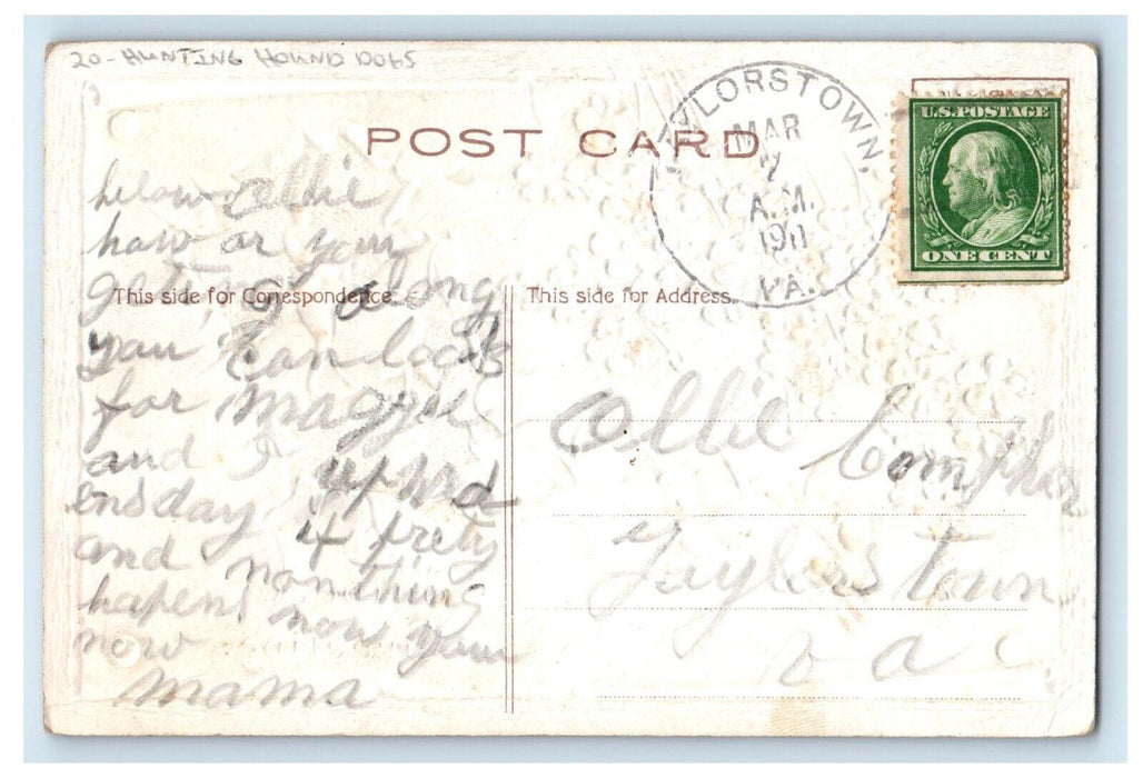 c1910's Birthday Greetings Pansies Flowers Horseback Hunting Hound Dogs Postcard