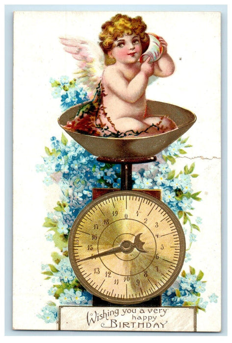 c1910's Birthday Greetings Angel Cherub Sitting Weighing Scale Embossed Postcard