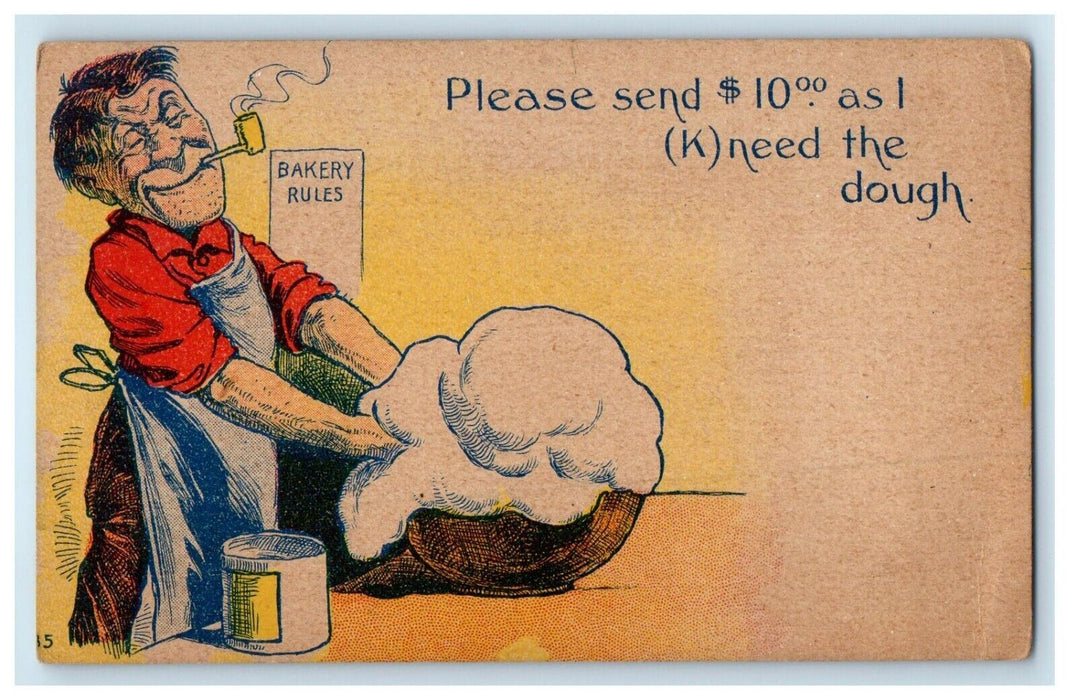 Old Man Pipe Cigarette Kneading Bread Bakery Rules Write Away Humor Postcard