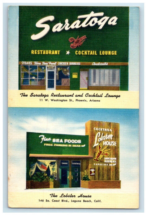 1956 Saratoga Restaurant Cocktail Lounge Lobster House Laguna Beach CA Postcard