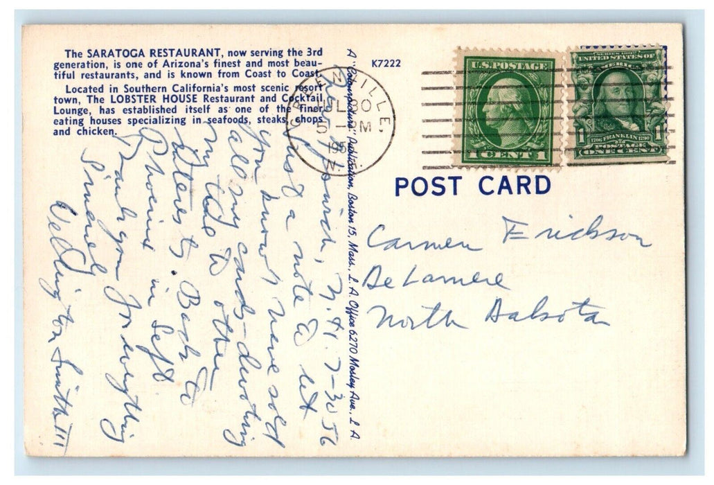 1956 Saratoga Restaurant Cocktail Lounge Lobster House Laguna Beach CA Postcard