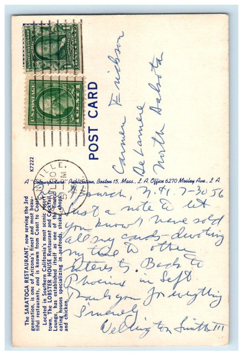 1956 Saratoga Restaurant Cocktail Lounge Lobster House Laguna Beach CA Postcard
