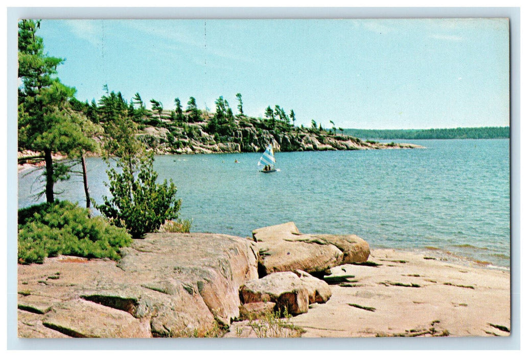 c1950's Sailboat, Greetings from Parry Sound District Ontario Canada Postcard