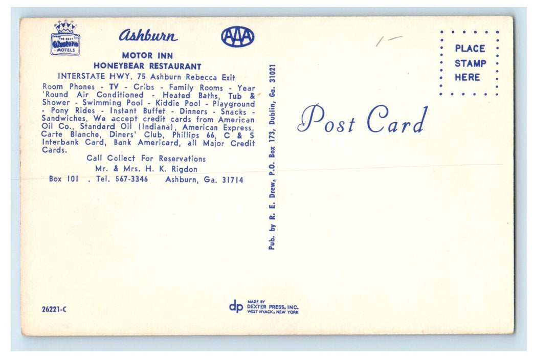 c1950's Multiview, Horse Carriage, Ashburn Motor Inn, Ashburn GA Postcard