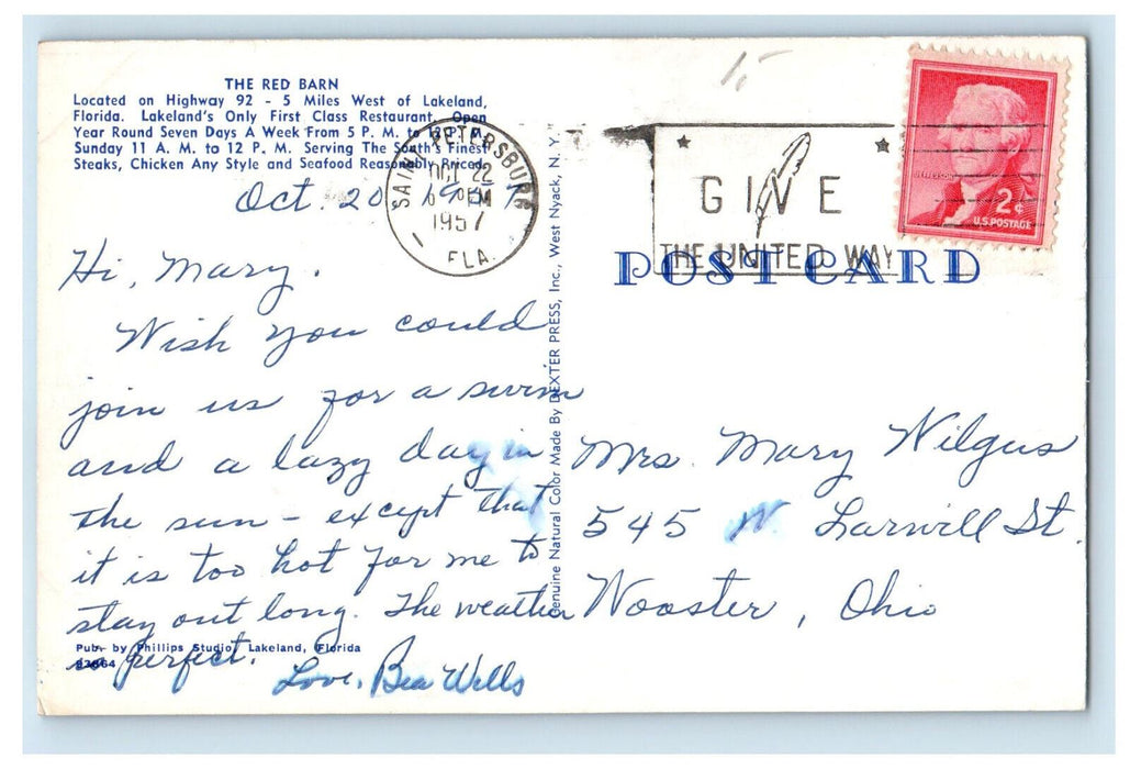 1957 The Red Barn First Class Restaurant West of Lakeland Florida FL Postcard