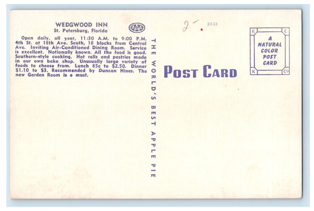 c1960s Wedgwood Inn Restaurant & Cocktails St Petersburg FL Advertising Postcard