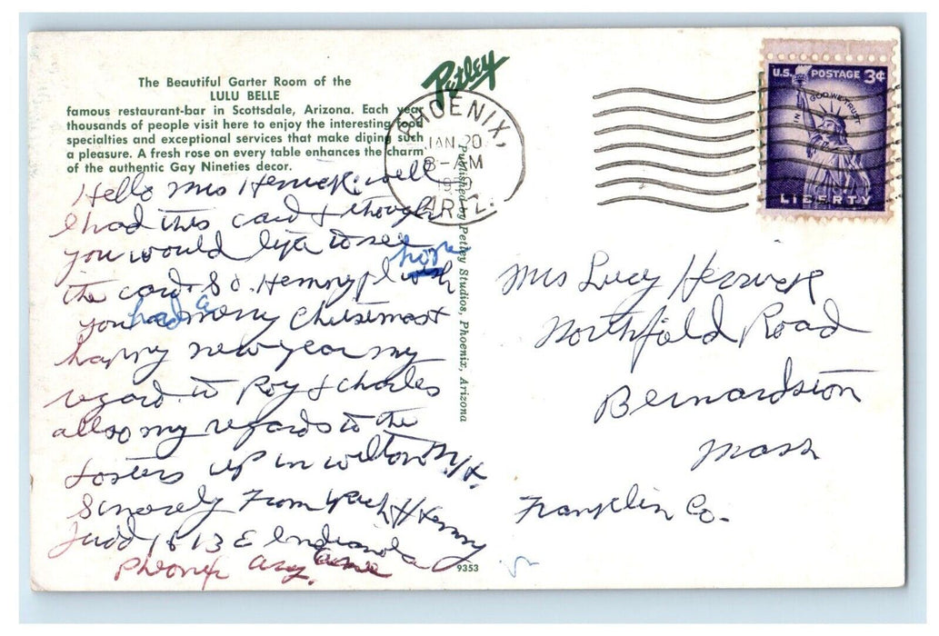 1950 Lulu Belle Famous Restaurant Bar Dining Room Scottsdale AZ Vintage Postcard