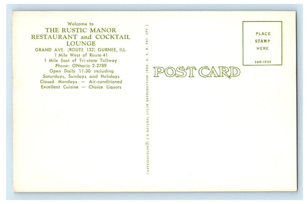 c1960's The Rustic Manor Restaurant and Cocktail Lounge, Gurnee IL Postcard