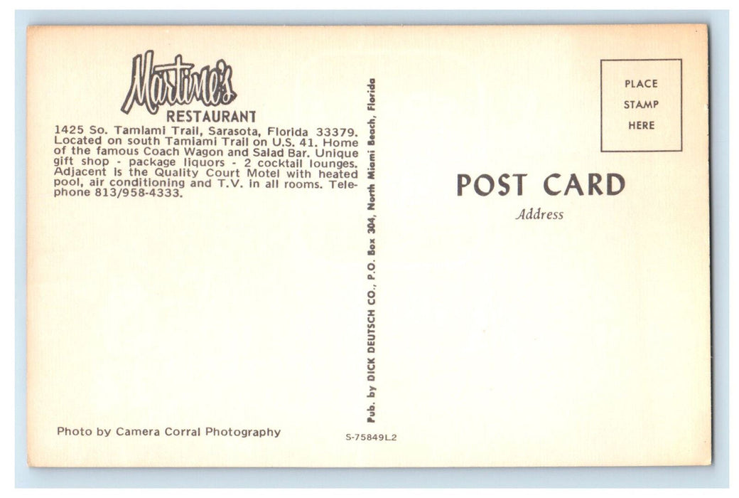 c1960's Martime's Restaurant Home of Salad Bar Unlimited Sarasota FL Postcard