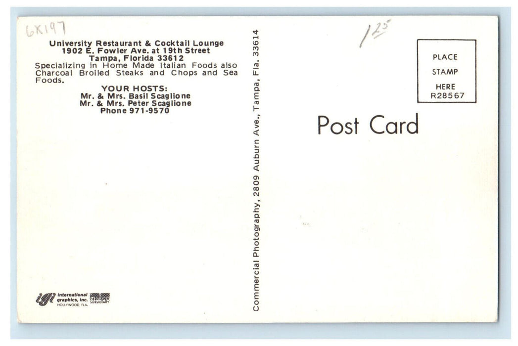 c1960's University Restaurant & Cocktail Lounge Tampa Florida FL Postcard