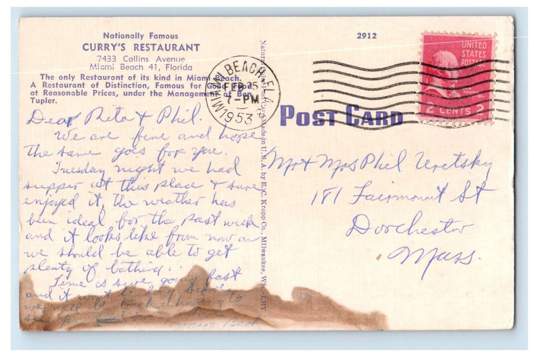 1953 Curry's Restaurant of Distinction Miami Beach Florida FL Postcard