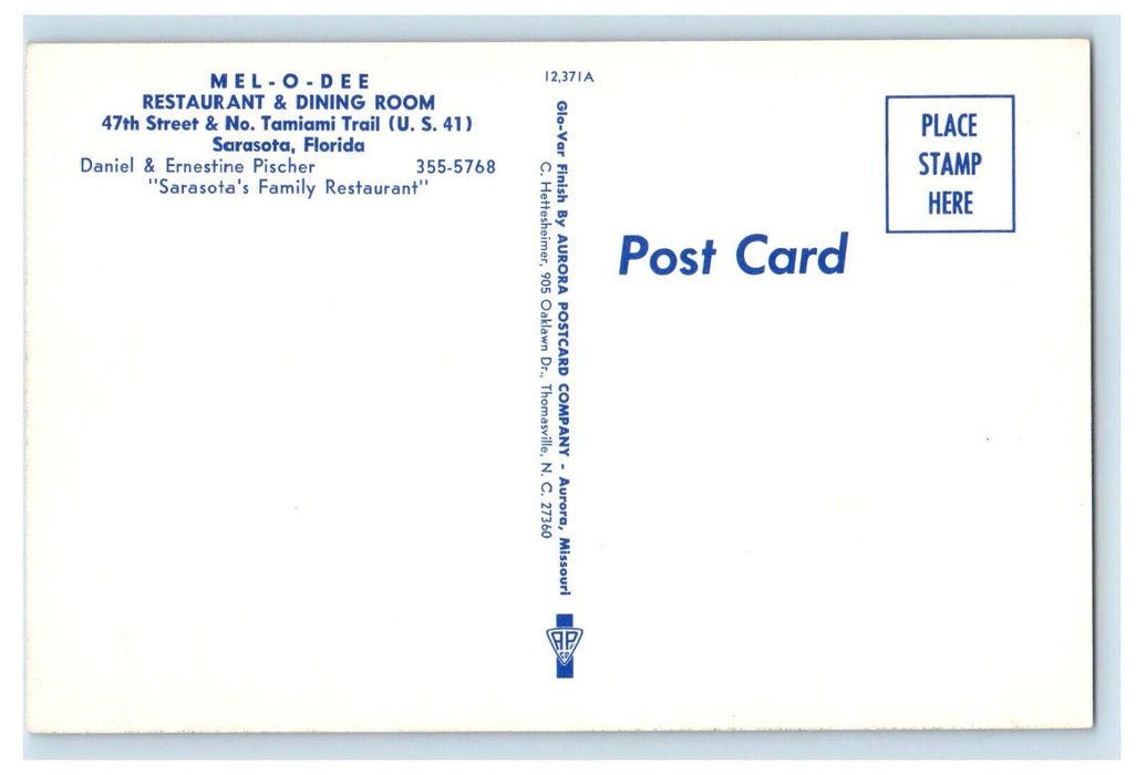 c1950's Mel-O-Dee Restaurant & Dining Room Sarasota Florida FL Postcard