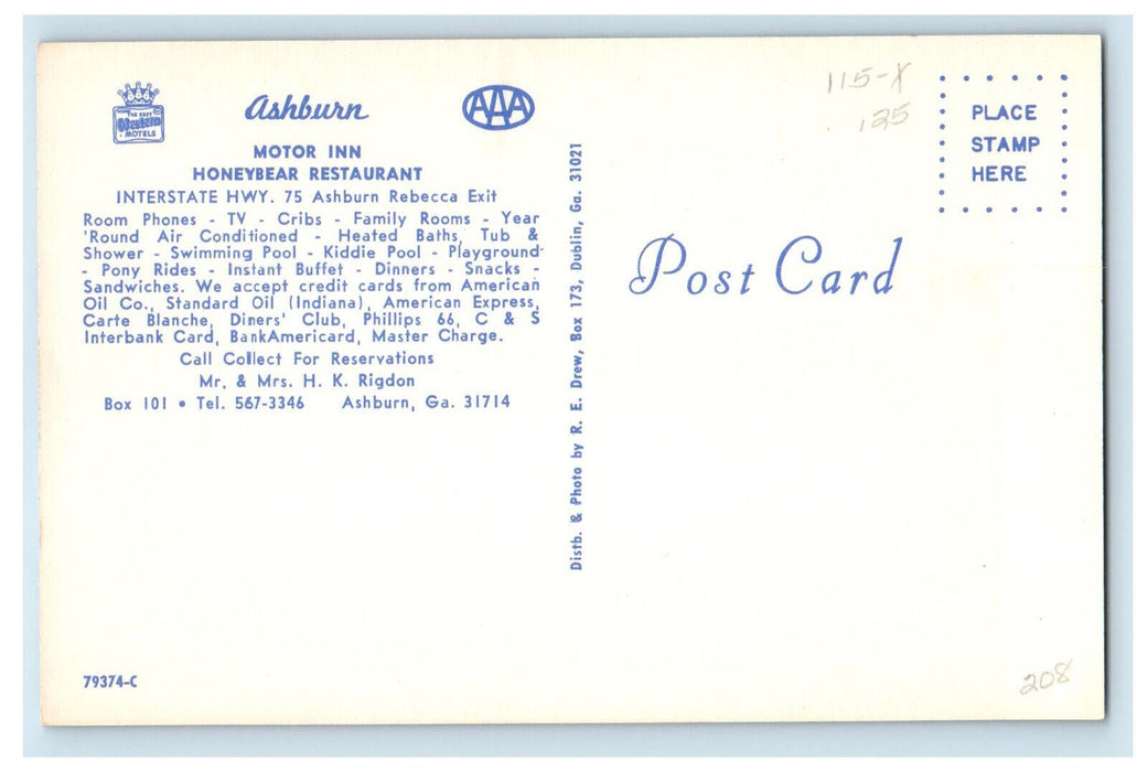 c1950's Multiview, Ashburn Motor Inn Honeybear Restaurant Ashburn GA Postcard