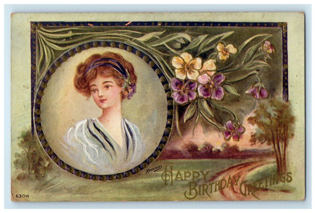 c1910's Birthday Greetings Pretty Girl Pansies Flowers Reynolds Antique Postcard