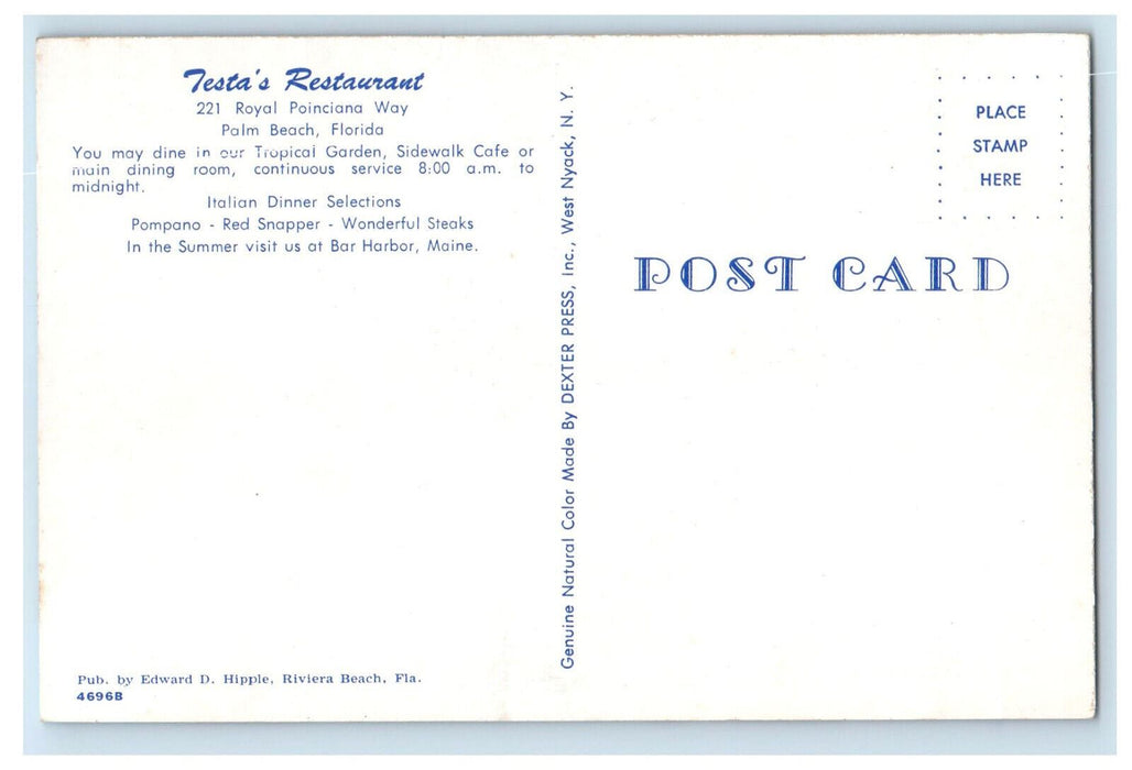 c1960's Front View of Testa's Restaurant Palm Beach Florida FL Postcard