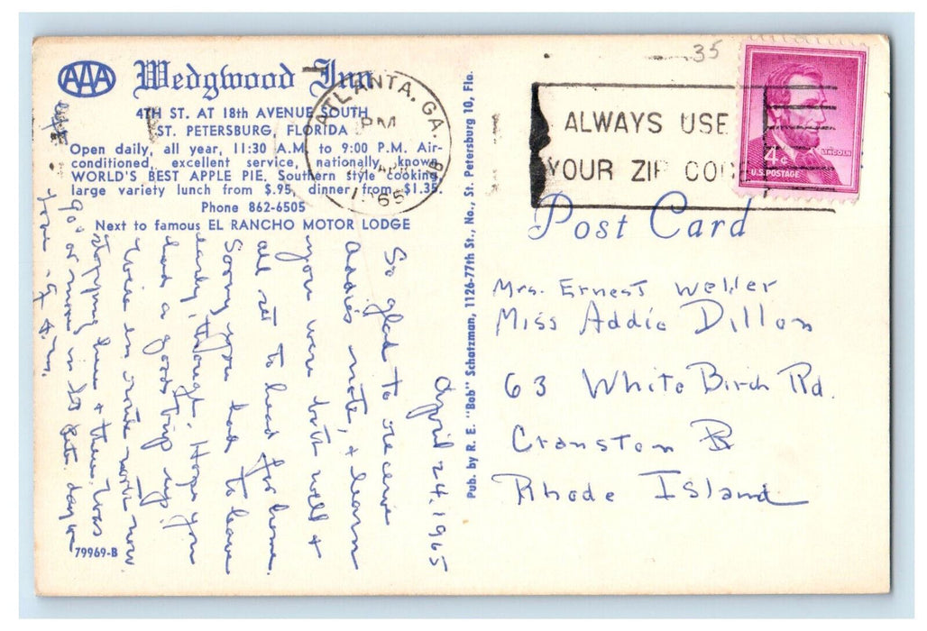 1965 Dining Area, Wedgwood Inn, St. Petersburg Florida FL Posted Postcard