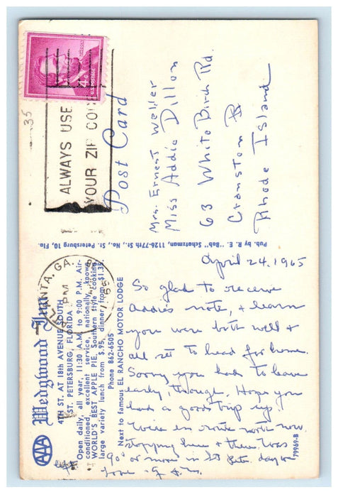 1965 Dining Area, Wedgwood Inn, St. Petersburg Florida FL Posted Postcard