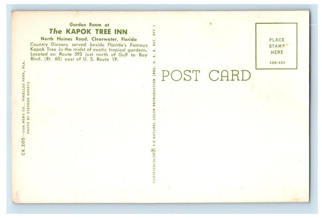 c1950's Garden Room at The Kapok Tree Inn Clearwater Florida FL Postcard