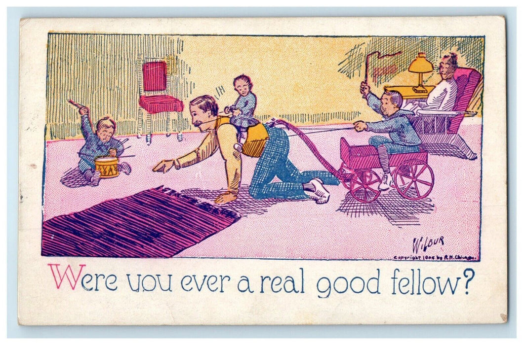 1906 Grandfather Acting Like Horse Wagon Playing Childrens Willour Postcard