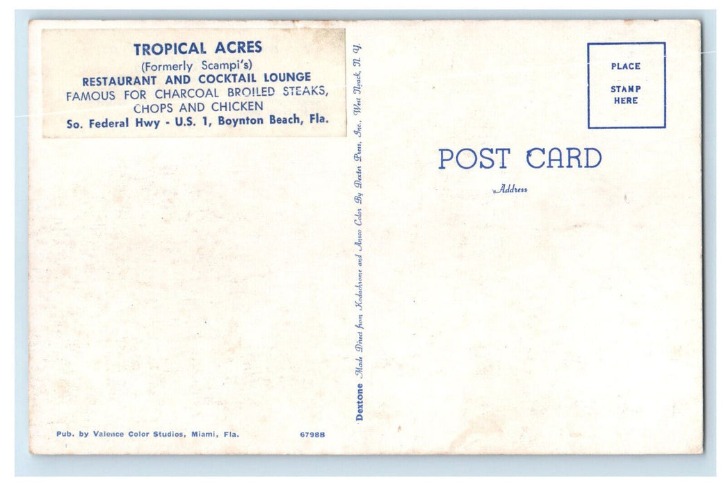 c1960's Tropical Acres Restaurant and Cocktail Lounge Boynton Beach FL Postcard