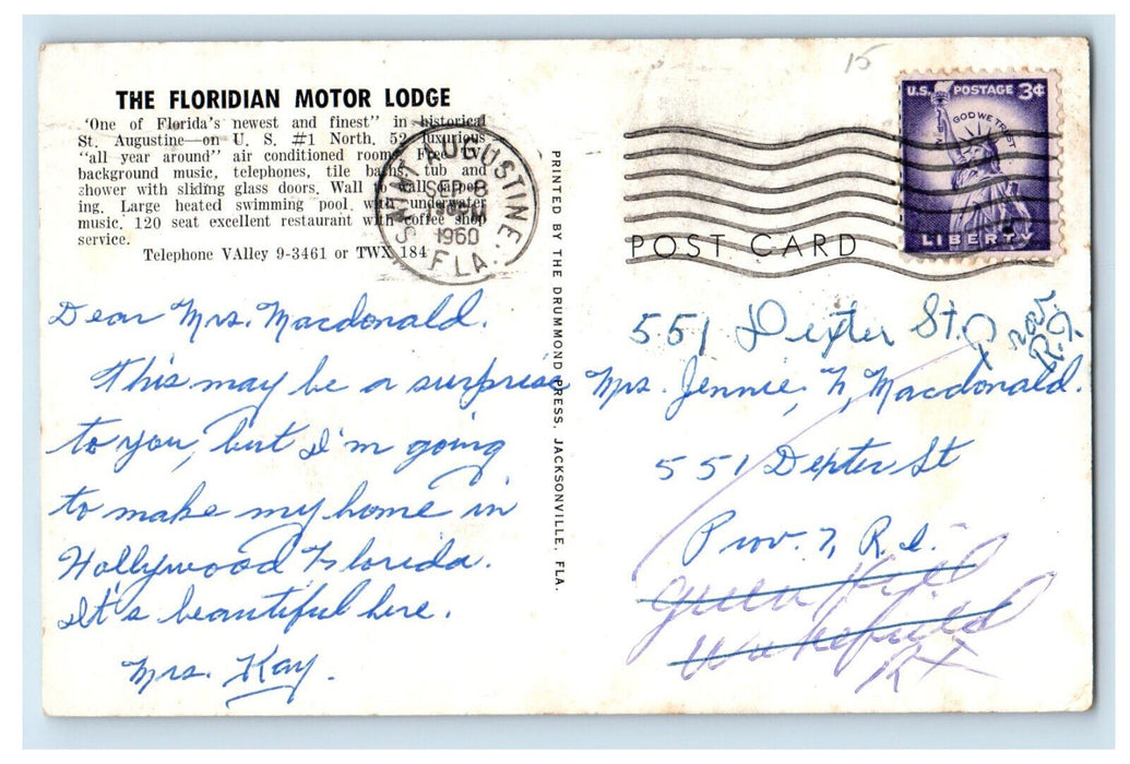 1960 Welcome to St. Augustine The Floridian Motor Lodge Florida FL Postcard
