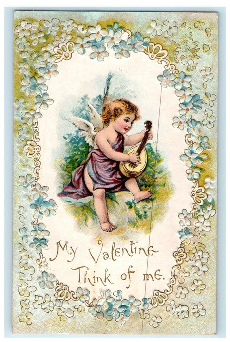 1908 Valentine Cherub Angel Playing Guitar Pansies Flowers Embossed Postcard