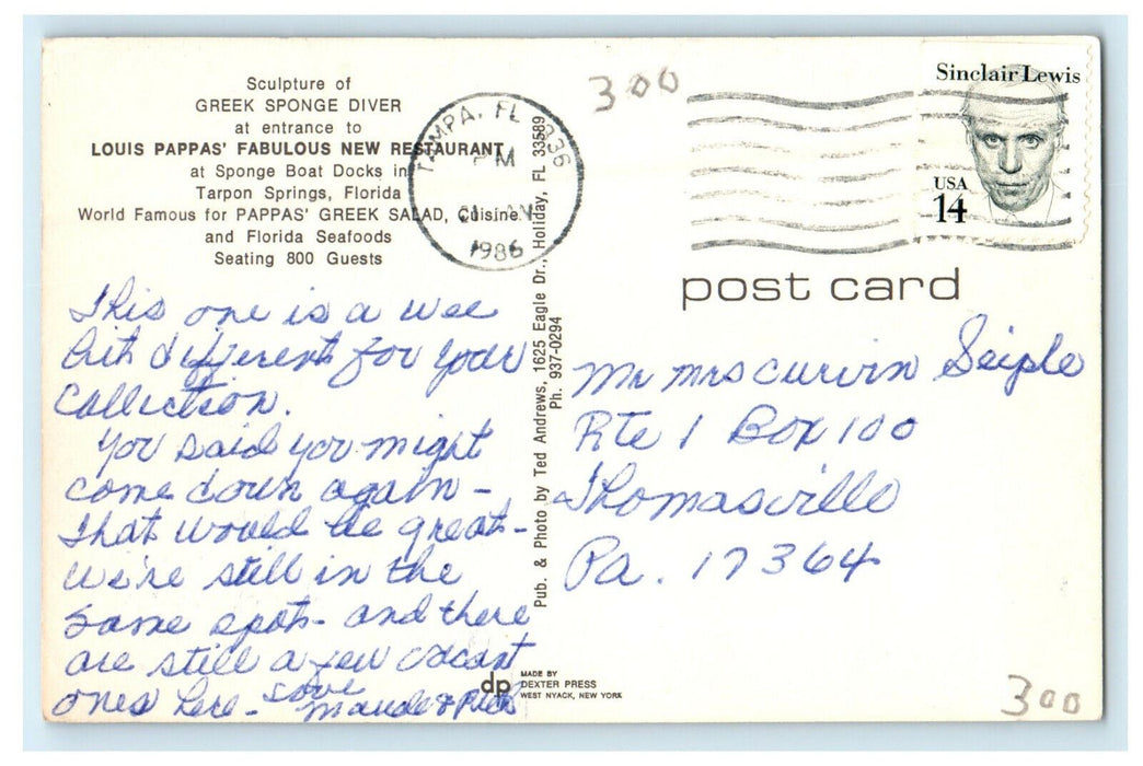 1986 Louis Pappas Fabulous New Restaurant Tarpon Springs Florida FL Postcard