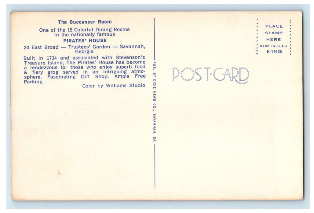 c1960's Dining Room at The Buccaneer Room Pirates House, Savannah GA Postcard