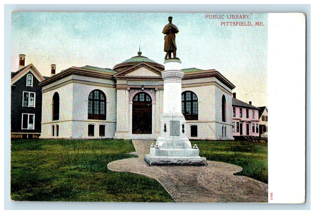 c1905 Monument at Center, Public Library Pittsfield Maine ME Postcard