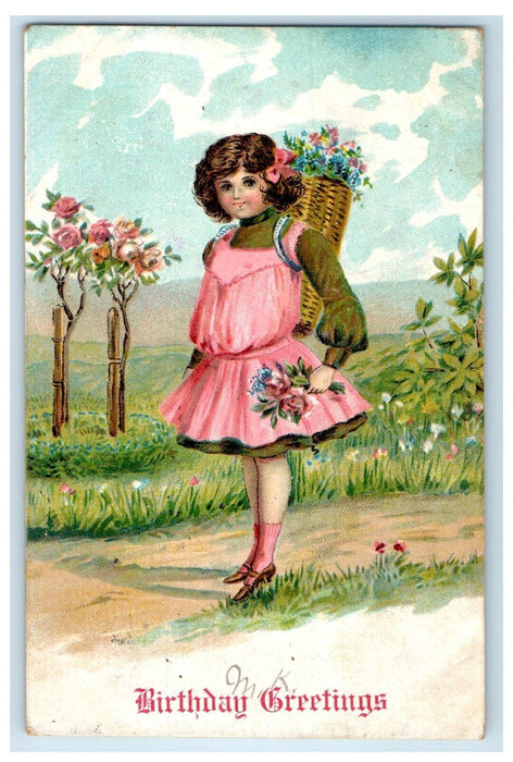1907 Birthday Greetings Pretty Girl Carrying Basket Of Flowers Antique Postcard