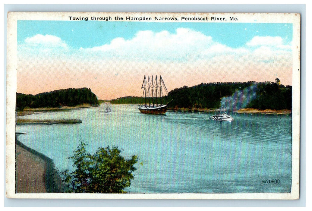 c1920's Towing Through The Hampden Narrows Penobscot River Maine ME Postcard