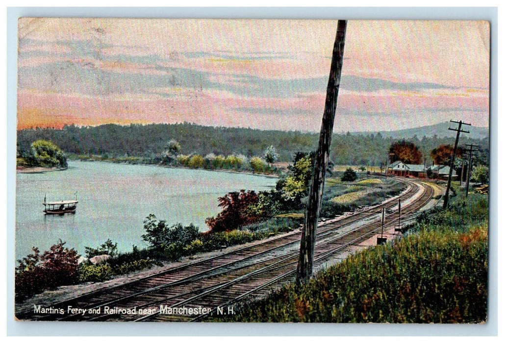 c1910's Martin's Ferry Railroad Boat Near Manchester New Hampshire NH Postcard