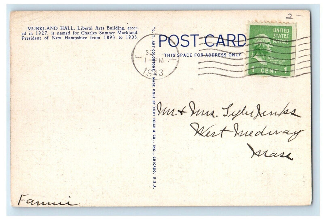 1943 Murkland Hall University Of New Hampshire Durham NH Vintage Postcard