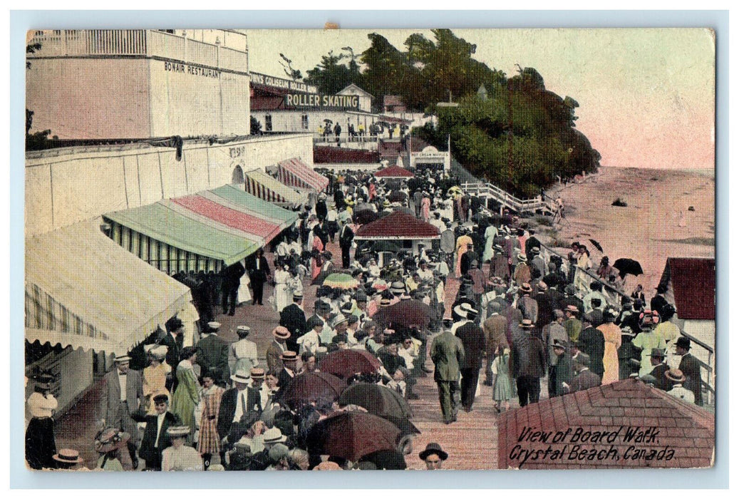 c1910 Roller Skating, View of Board Walk, Crowd, Crystal Beach Canada Postcard