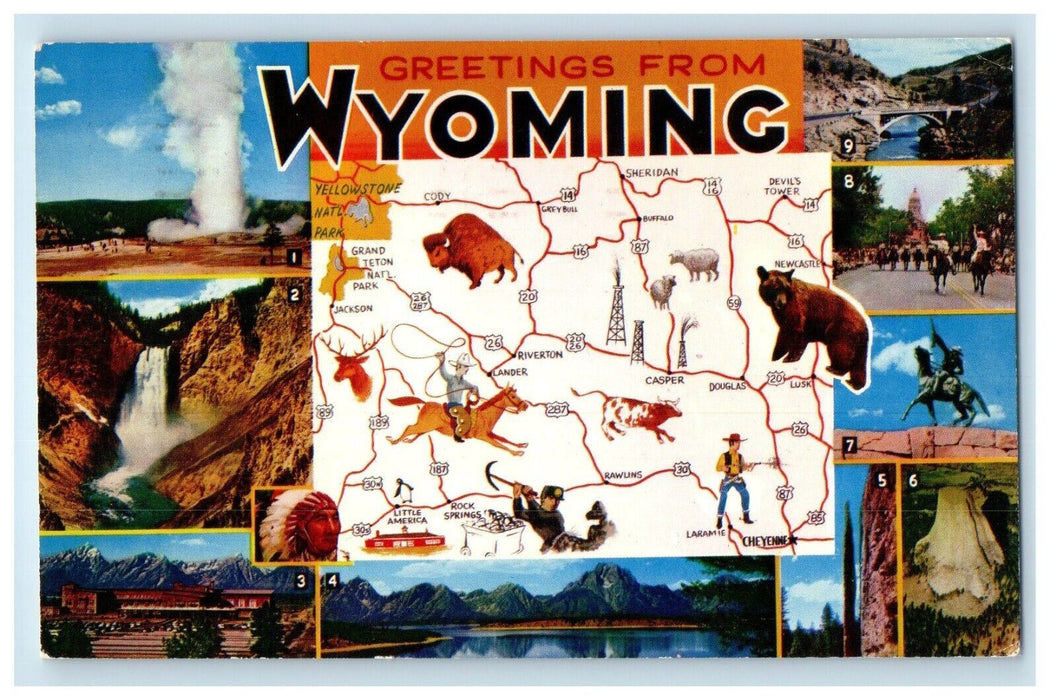 1964 Greetings From Cody Wyoming WY, Multiview Posted Vintage Postcard