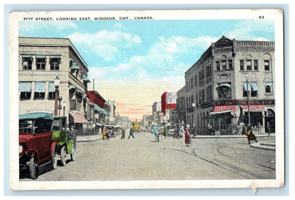 c1920's Trolley Car, Bank, Business Section, Pitt St. Windsor Canada Postcard