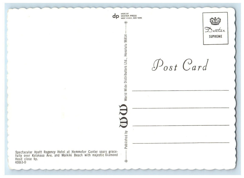 Hyatt Regency Hotel At Hemmeter Center Kalakaua Ave. Waikiki Hawaii HI Postcard