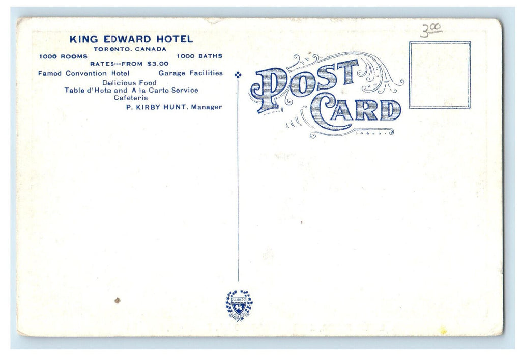 c1920's Lobby Floor, King Edward Hotel Toronto Ontario Canada Unposted Postcard