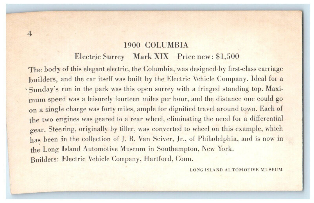 Columbia Electric Surrey Vehicle Car Mark XIX Advertising Hartford CT Postcard