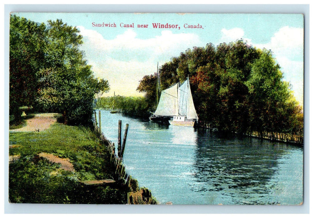 1907 Sailboat Scene, Sandwich Canal Near Windsor Ontario Canada Postcard