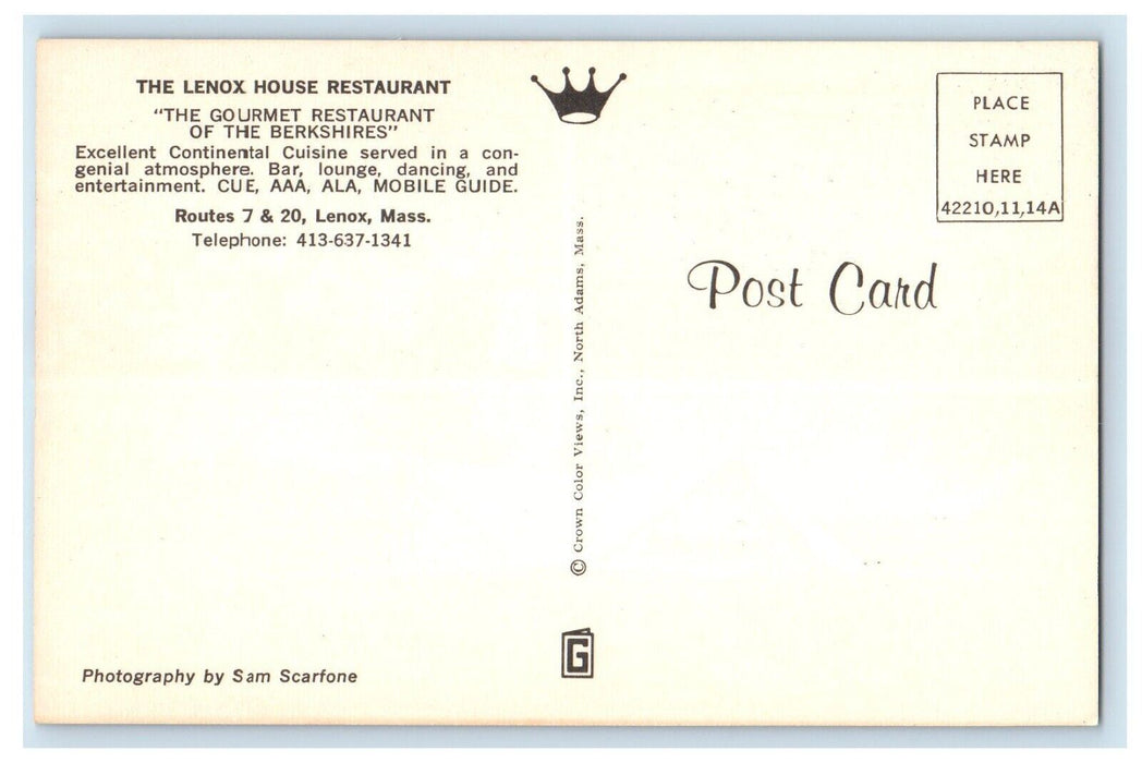 1960 Lenox House Restaurant Gourmet Berkshires Lenox Massachusetts Mass Postcard