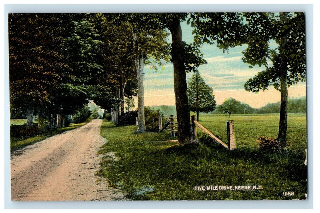 1913 Five Mile Drive Road Fence Keene New Hampshire NH Vintage Antique Postcard