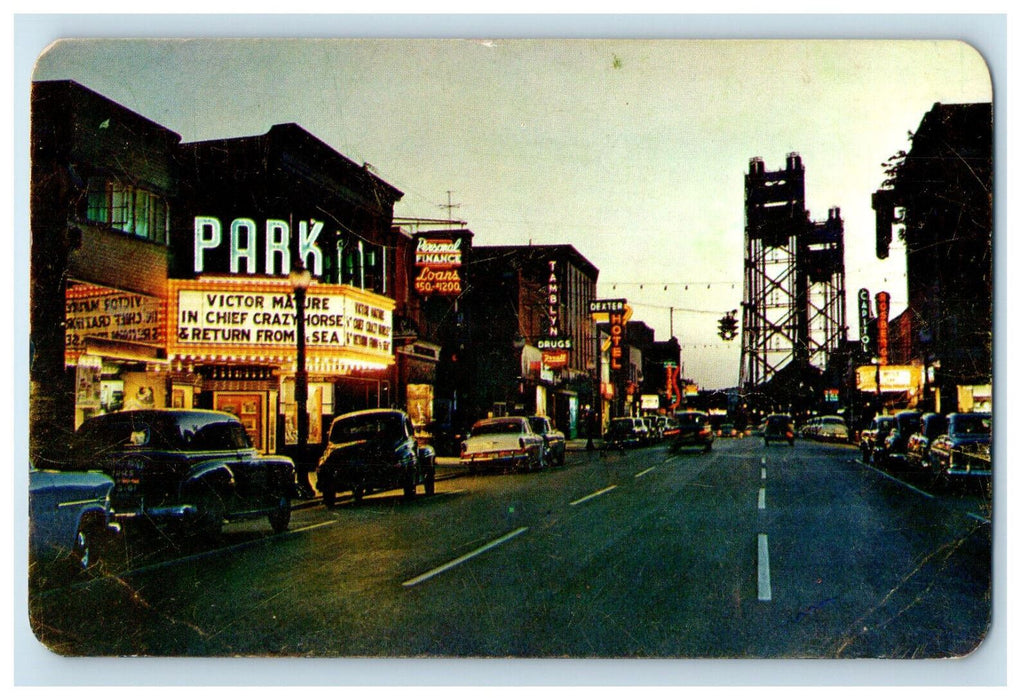 c1950's Evening Scene, Hotel, Drugstore, Welland Ontario Canada Postcard