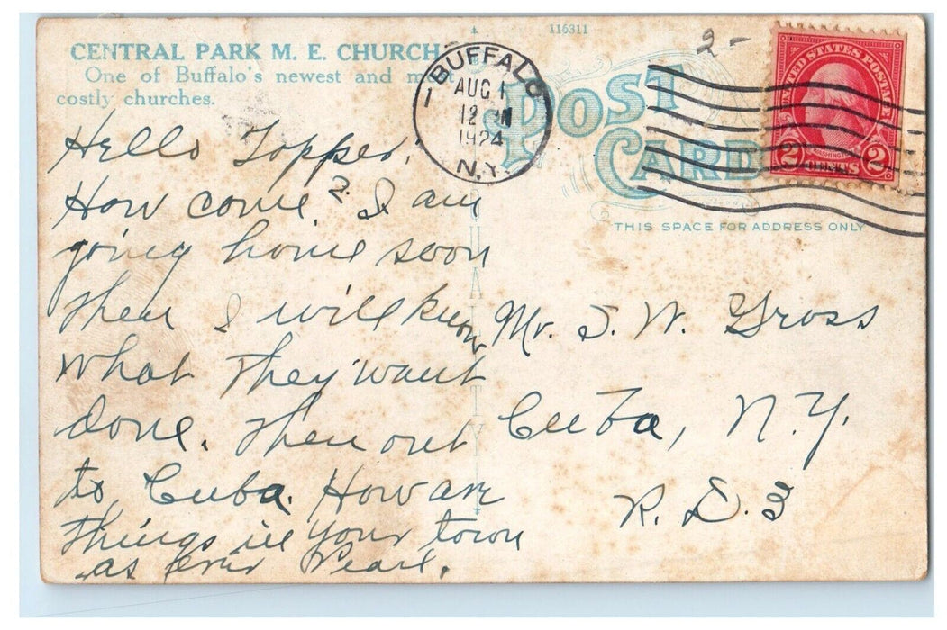 1924 The Central Park M. E. Church Car Front Buffalo New York NY Posted Postcard