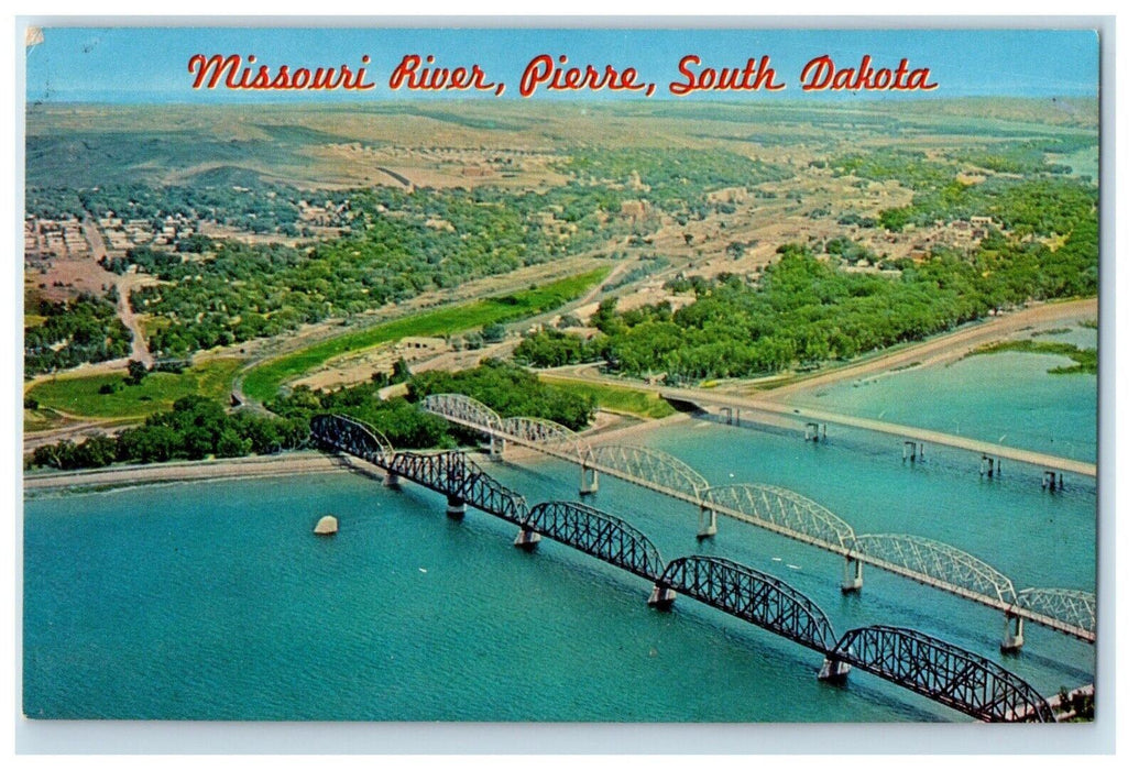 c1960's Aerial View Of Missouri River Pierre Bridges South Dakota SD Postcard