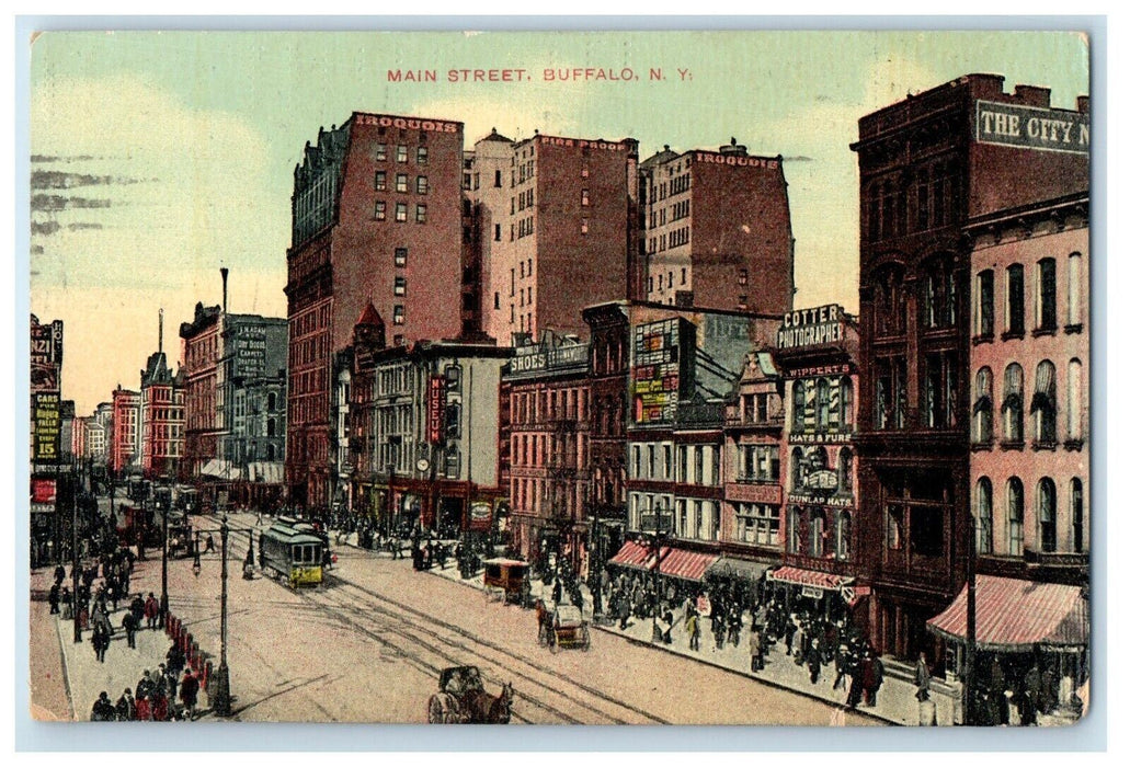 1909 Main Street Trolley Iroquois Building Stores Buffalo New York NY Postcard