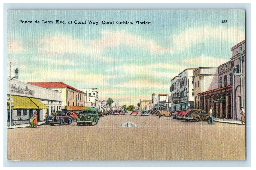 c1940s Ponce De Leon Boulevard at Coral Way, Coral Gables Florida FL Postcard