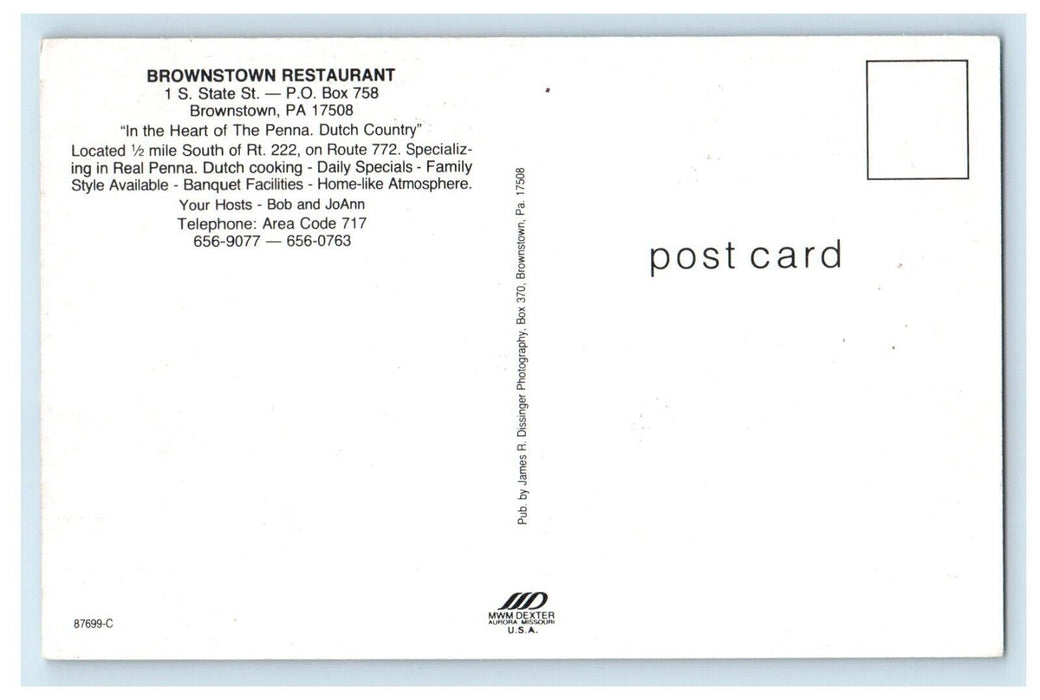 c1960's Brownstown Restaurant And Dining Room Brownstown PA, Multiview Postcard