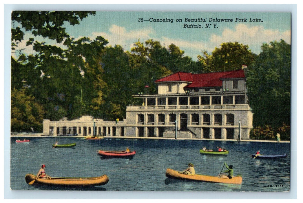 c1940's Boat Canoeing on Beautiful Delaware Park Lake Buffalo NY Postcard