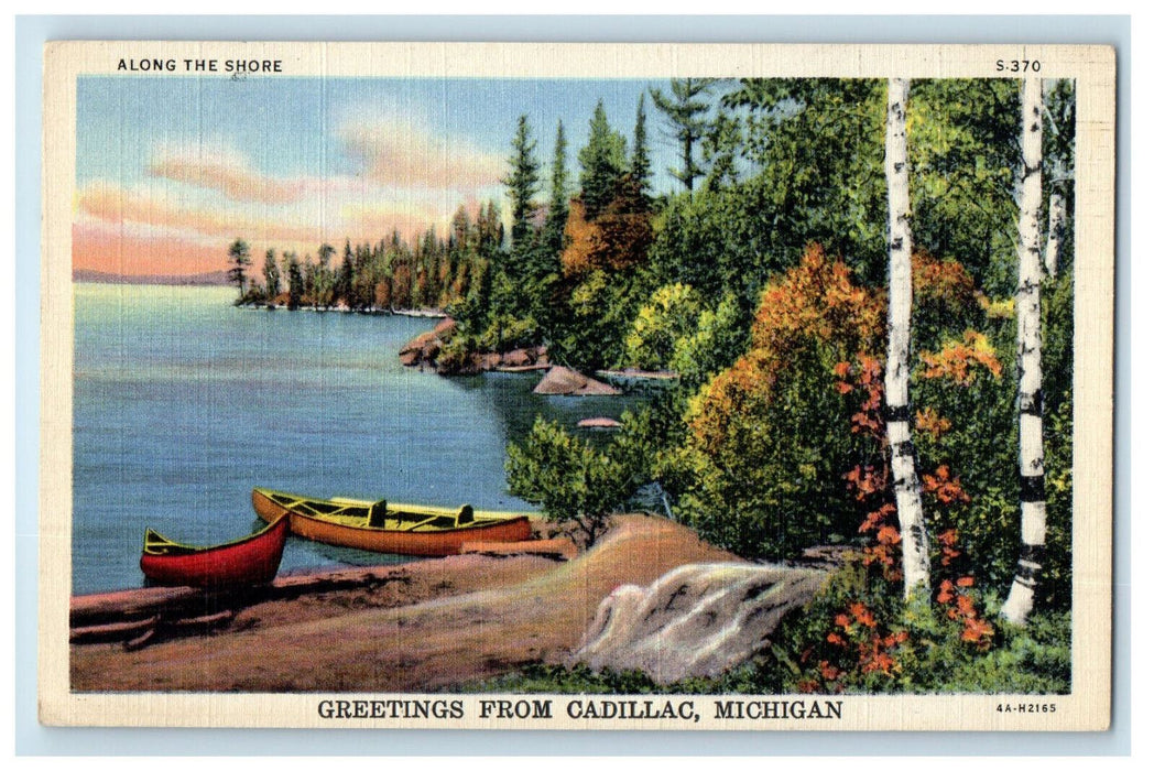 1945  Boats Along The Shore Greetings from Cadillac MI Prudenville MI Postcard